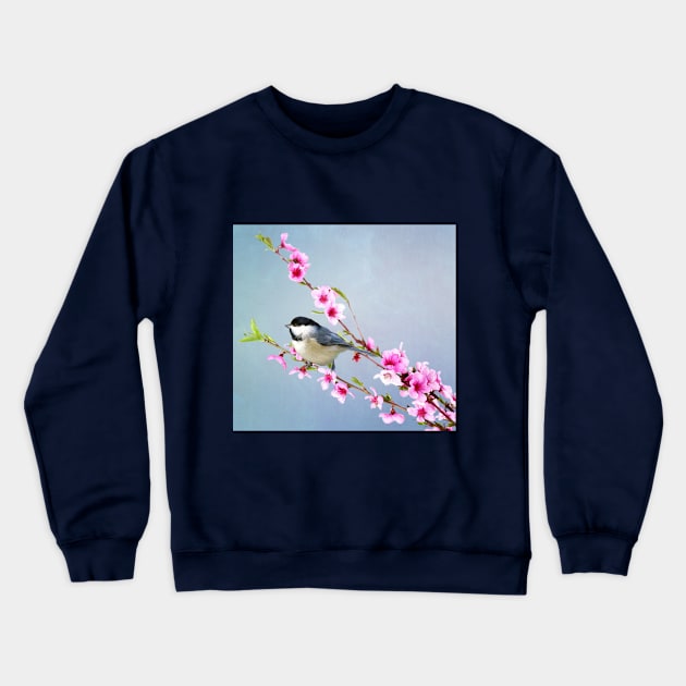 Carolina Chickadee and Peach Blossoms Crewneck Sweatshirt by lauradyoung